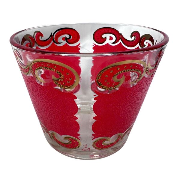 Vintage MCM Culver Starlyte Red Gold Ice Bucket 6" Round Filigree Glassware - Picture 4 of 7
